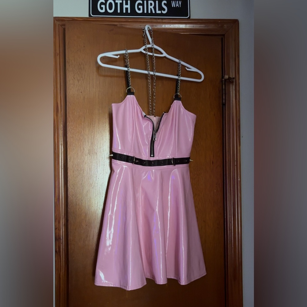 RARE Dolls Kill Widow Pink and Black Vinyl Dress w/ Silver Colored Accents